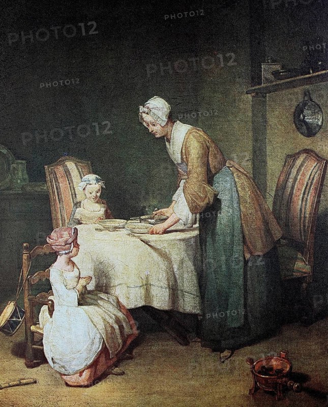 The Blessing, painting by Jean Simeon Chardin (born 2 November 1699 in Paris, died 6 December 1779 in Paris), also known as Jean-Baptiste-Siméon Chardin, digital reproduction of an original 19th century painting, historical, A woman and two children in a traditional kitchen preparing food