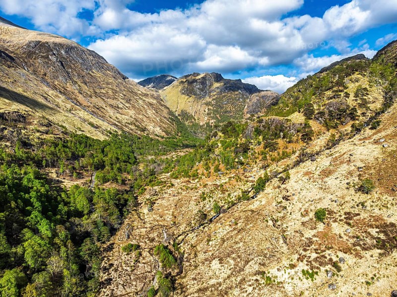 Glen Nevis Valley and River Navis from a drone, Fort William, Lochaber, Highland, Scotland, United Kingdom