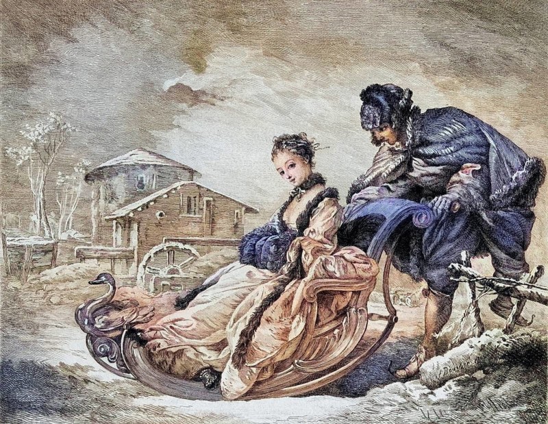 Winter Pleasures by E. Champollion after Boucher, engraved by A. Quantin, Historic, digitally restored reproduction from a 19th century original, Record date not stated