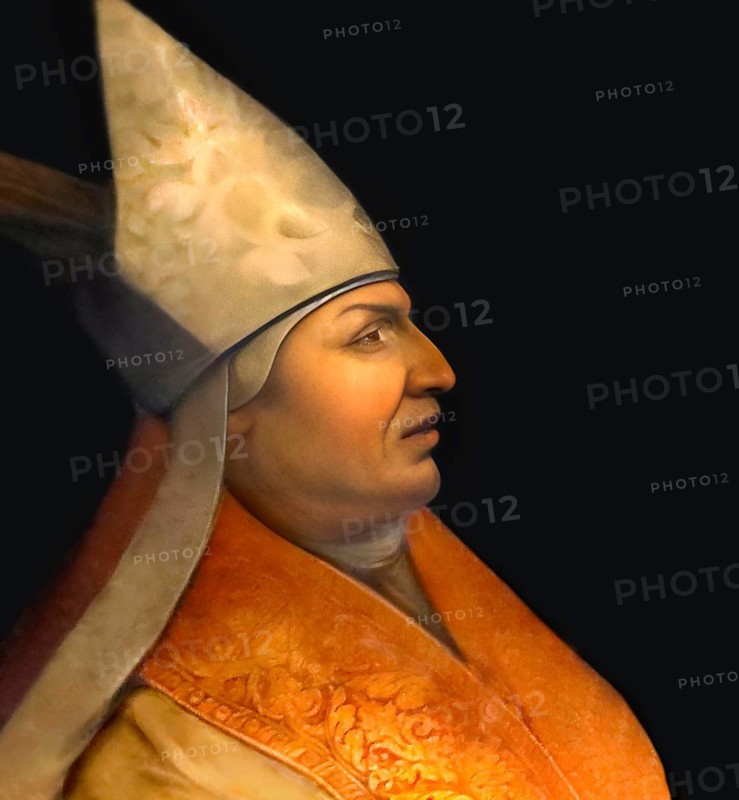 Peter of Candia, also known as Peter Phillarges, Pietro Di Candia, Petros Philargos, c. 1339 – 1410, as Alexander V or Alessandro V, antipope elected by the Council of Pisa during the Western Schism, he reigned from 1409 to his death in 1410, digitally edited after a painting by Cristofano dell'Altissimo