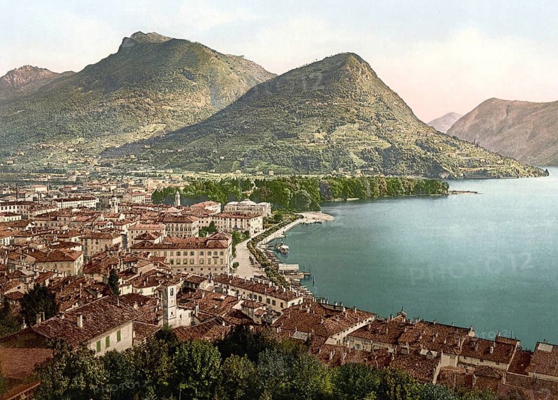 Lugano, and Monte Brè, Ticino, Switzerland, Historic, digitally restored reproduction from a 19th century original, Record date not stated