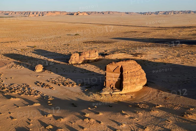Qasr Al-Farid, 2000-year-old tomb of the Nabataeans, aerial view, Hegra or Madain Salih, AlUla region, Medina province, Saudi Arabia, Arabian Peninsula