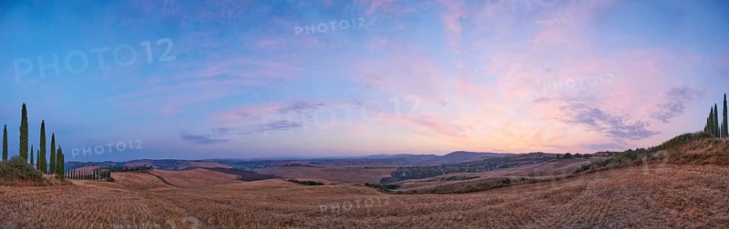 Typical Tuscan landscape in Crete Senesi with hills, trees, fields, farmhouses and cypresses at sunrise in summer, Tuscany, Italy