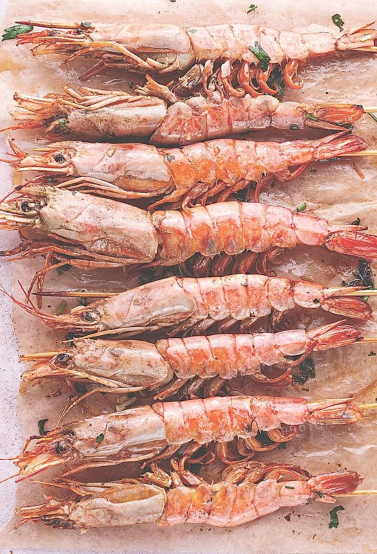 Shrimp on skewers, grilled, laid out on the table, top view
