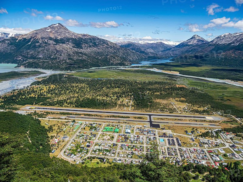 View over village Villa O' Higgins, seen from viewpoint Mirador La Bandera, Patagonia, Chile