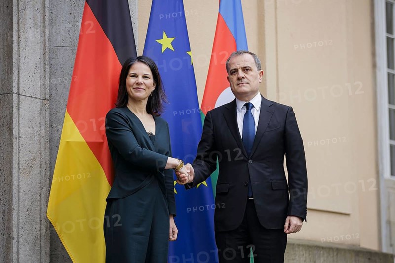 Trilateral meeting at Villa Borsig between Germany, Armenia and Azerbaijan. Annalena Bärbock (Alliance 90/The Greens), Federal Foreign Minister, meets the Foreign Minister of the Republic of Azerbaijan, Jeyhun Bayramov. Berlin, 28.02.2024. Photographed on behalf of the Federal Foreign Office