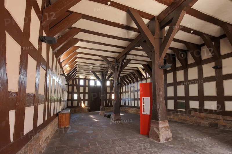 Hall on the ground floor of the historic town hall, interior view, half-timbered house, Frankenberg, Hesse, Germany