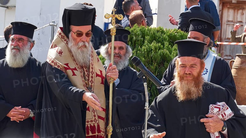 Archbishop Amphilochios, group of priests in deep black robes at an outdoor religious ceremony, visit of German President Frank-Walter Steinmeier to Kandanos on 31 October 2024, German President, Frank-Walter Steinmeier, memorial, war crimes, Nazis, Wehrmacht crimes, World War II, Kandanos, southwest Crete, Crete, Greek islands, Greece
