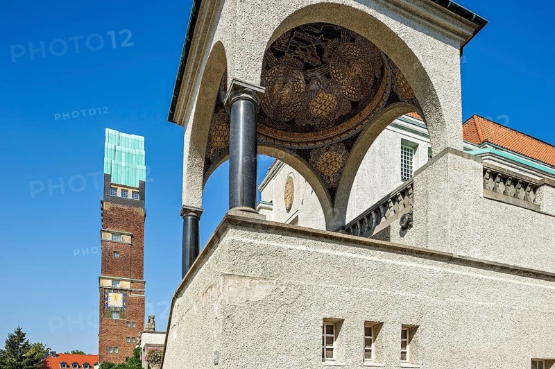 Tower, Wedding Tower by Joseph Maria Olbrich, mosaic in the canopy on the exhibition building, Art Nouveau, UNESCO World Heritage Site, Mathildenhöhe artists' colony, Darmstadt, Hesse, Germany