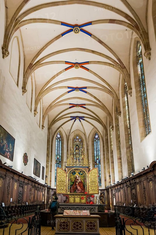 Famous medieval painting, Madonna in the Garden of Roses, by Martin Schongauer, Dominican Church, Église des Dominicains, Colmar, Haut-Rhin Department, Alsace, France