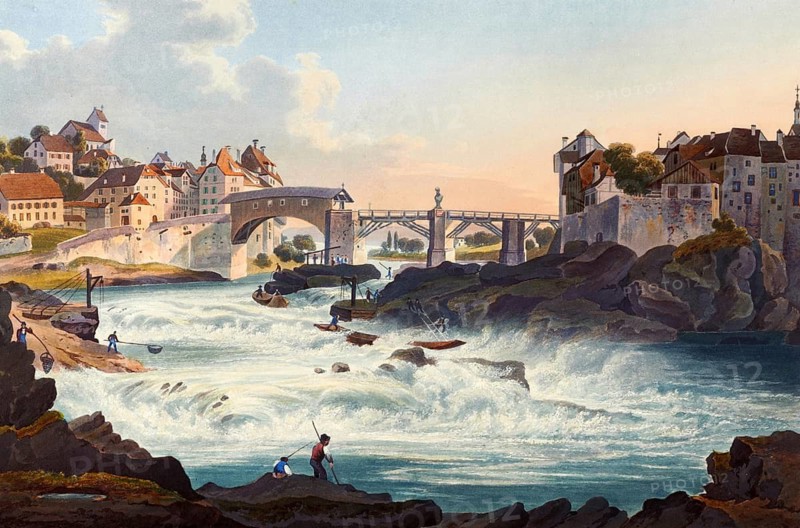 View of Laufenburg Castle, Rhine, from the side of the Canton of Aargau, Germany, view from around 1830, digitally restored reproduction of a 19th century model by Johann Ludwig Bleuler (12 February 1792 - 28 March 1850), Swiss draughtsman and painter