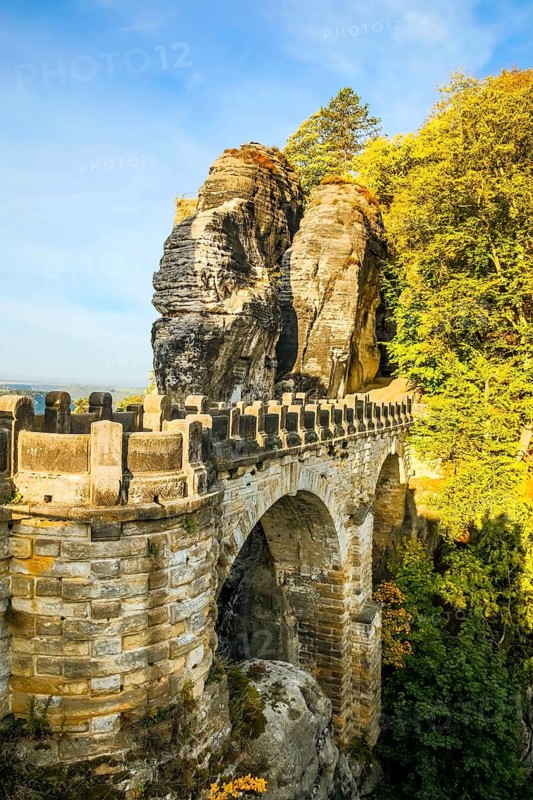 Federal Republic of Germany, Germany, Saxon Switzerland in Saxony, View of the Bastei Bridge at sunrise, Autumn, Saxon Switzerland, Saxony, Federal Republic of Germany