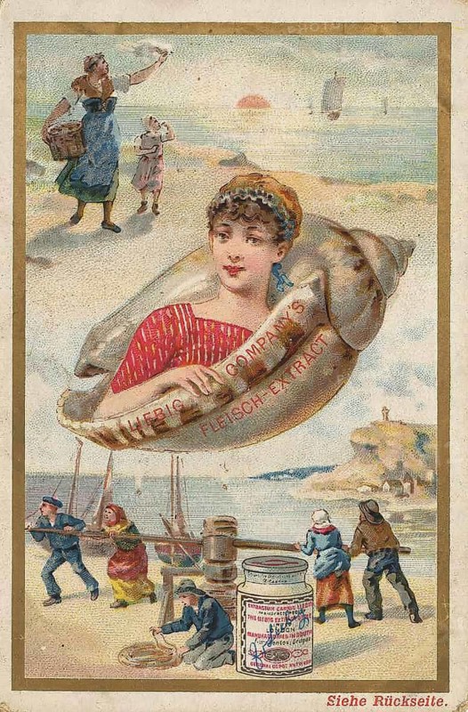 Picture series Situations by the sea, shell, fisherman, Liebig picture, digitally restored reproduction of a collector's picture from around 1900, public domain, exact date unknown, a woman in a shell with beach scenes and children playing in the background