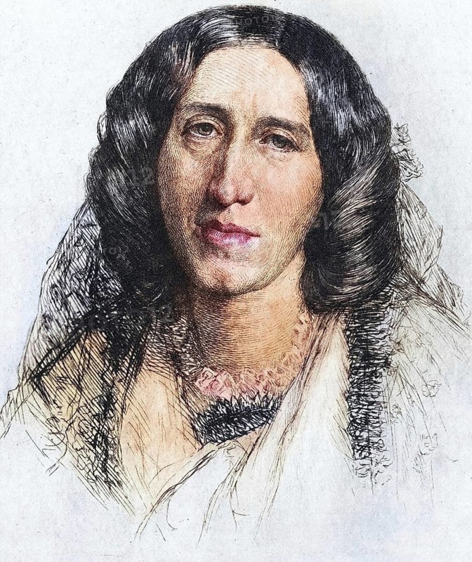 George Eliot, pseudonym of Mary Ann Evans (1819-1880) . English writer, poet and critic. Etching after a portrait by Frederick Burton, Historic, digitally restored reproduction from a 19th century original, Record date not stated