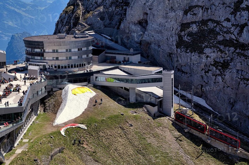 Pilatus railway, the world's steepest cogwheel railway from Alpnach to the Pilatus, entrance to Pilatus Kulm mountain station, Hotel Bellevue, Canton Lucerne, Switzerland