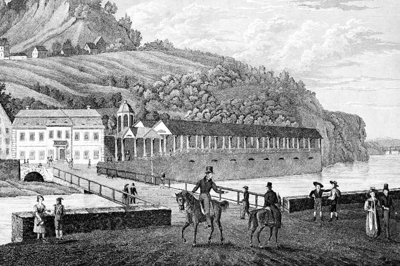 Mariánské Lázne, health resort in western Bohemia, Czech Republic, spa facilities on the river, fields on the mountainside, bridge, horsemen, spa guests, walkers, health, healing, buildings, rehab, medicine, prescription, costs, recreation, architecture, history, steel engraving, historical illustration 1835