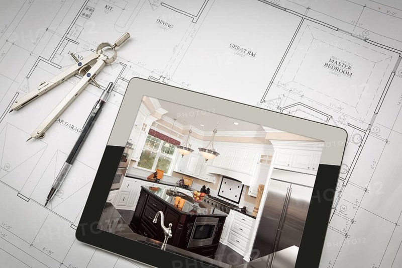 Computer Tablet Showing Kitchen Illustration On House Plans, Pencil, Compass