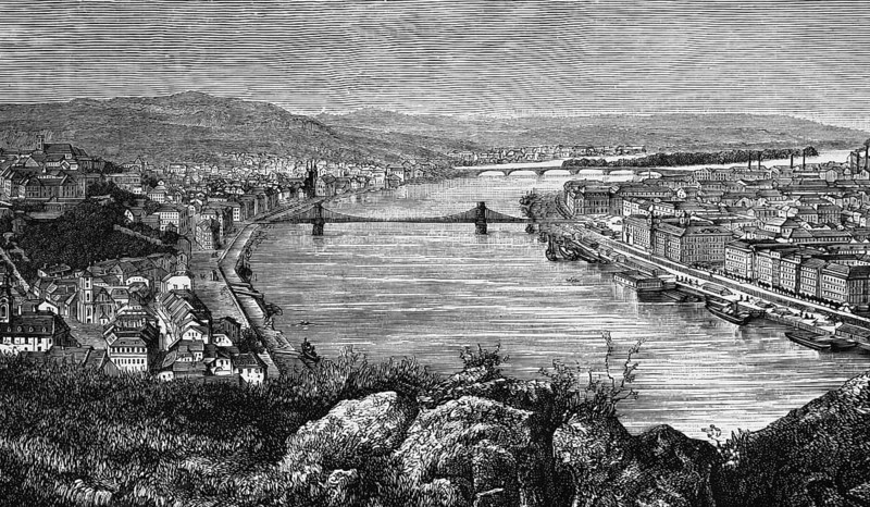 View from above of the Hungarian capital Budapest on the Danube, Danube bridge, river bank with promenade, mountain landscape, geography, Eastern Europe, Hungary, historical illustration 1888