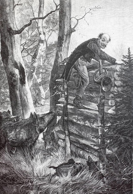 Man with a hunting horn fleeing from a wild boar onto a pile of wood, 1890, Austria, digital reproduction of an original 19th century model, historical