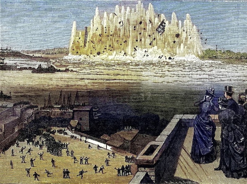 Blasting of Flood Rock, part of Hell Gate Rock, which prevented large ships from reaching New York Harbour and posed a danger to smaller ships. The explosive used was dynamite, Historic, digitally restored reproduction from a 19th century original, Record date not stated
