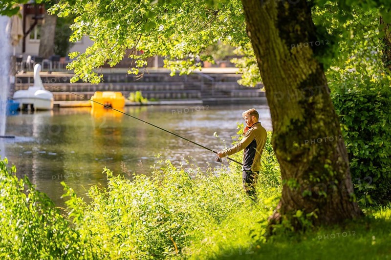 Man fishing at a river surrounded by green trees under bright sunlight, Nagold, Black Forest, Germany