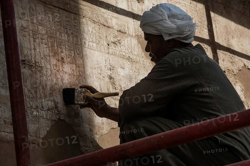 Luxor, Egypt. February 12th 2009 Restoration work Pharaonic inscriptions at the ancient Egyptian ruins beside the Nile at Luxor, Egypt
