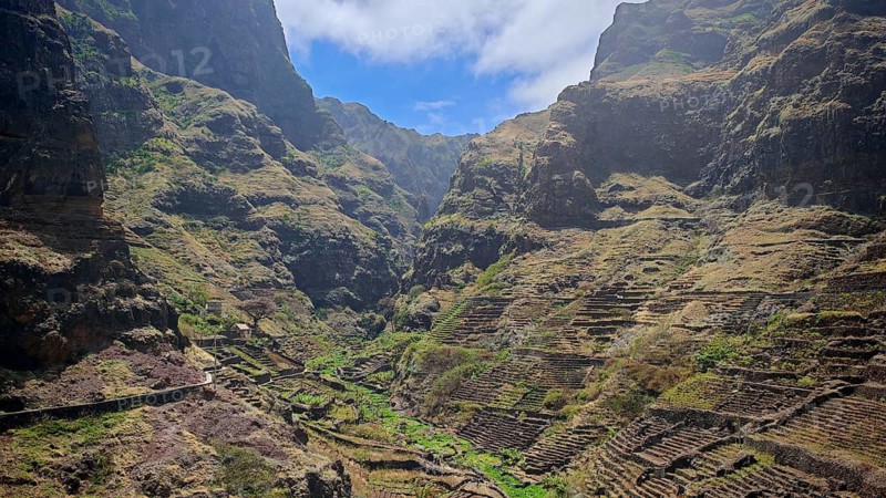 Impressive mountain gorge with terraced fields and clear skies, hiking, Santo Antao, Cabo Verde, Cape Verde