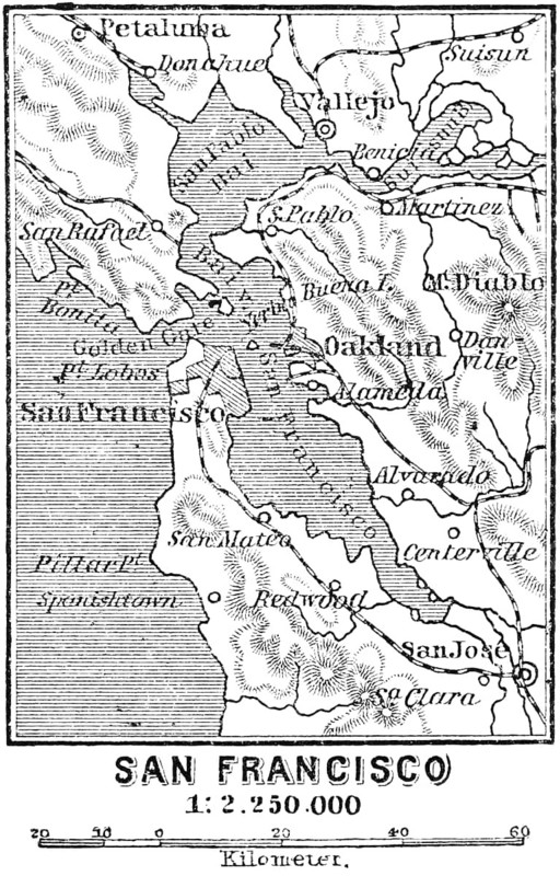 Map of San Francisco and surroundings with scale, Pacific or Pacific Ocean, San Pablo Bay, Oakland, Travelling, USA, historical illustration 18888