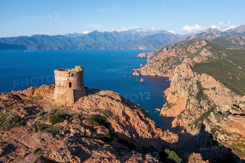 Aerial view, panorama, Genoese tower, stone tower, Torra di Turghju, Capo Rosso, Gulf of Porto, Corsica, France