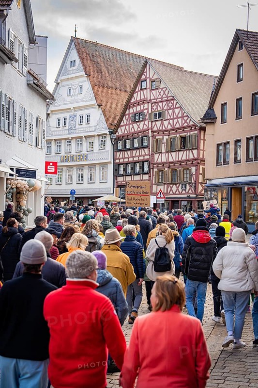 Demonstration with many people in front of historic city architecture, Against the Right Demo, Nagold, Black Forest, Germany