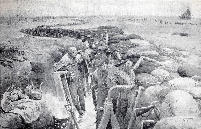 First World War. English troops in flooded trenches in Ypres, 1914, illustration, reproduction from a 19th century model. Authentic, file restored for optimal use, exact date of submission unknown, historic, soldiers in a trench preparing for defensive action