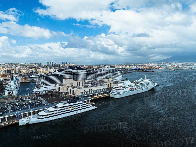 Naples Ferry Terminal from a drone, Molo Immacolatella Vecchia, Naples, Campania, Italy