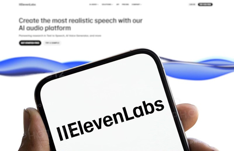 Elevenlabs logo is displayed on smartphone. ElevenLabs is a software company