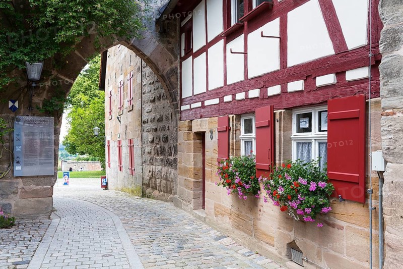 Half-timbered house in the castle gate to Cadolzburg Castle, Bavaria, Germany