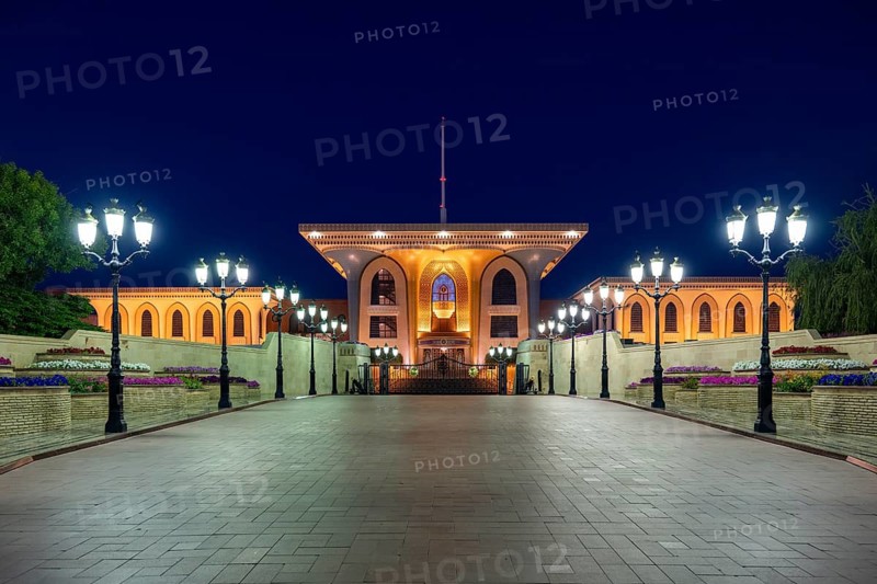 Illuminated Sultan's Palace at night, Al Alam Palace, Muscat, Oman