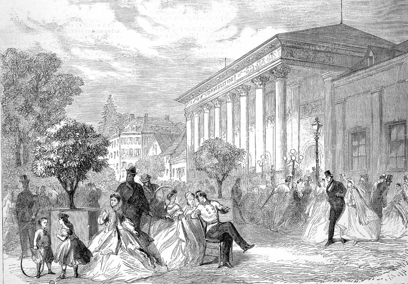 Noble people in front of the spa hotel of Baden-Baden, 1869, Germany, Historic, digitally restored reproduction of a 19th century original, exact original date unknown