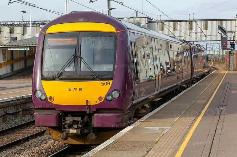 East Midlands Railway British Rail Class 170 Turbostar train at station platform, Peterborough, Cambridgeshire, England, UK
