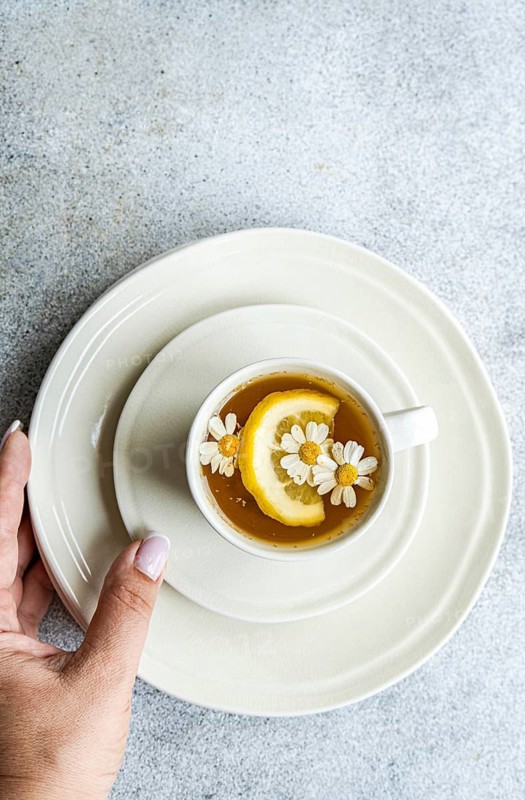 Top view of cropped unrecognizable woman's hands hold a white plate featuring a tea cup with lemon slices and daisies on a textured gray surface, creating a fresh summer aesthetic