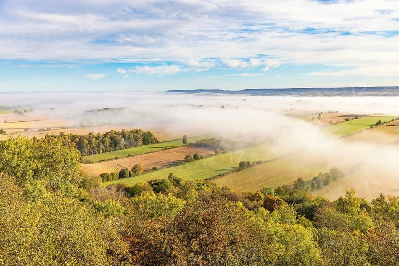 View over a country landscape with a patchwork of fields and mist and with trees in autumn colors
