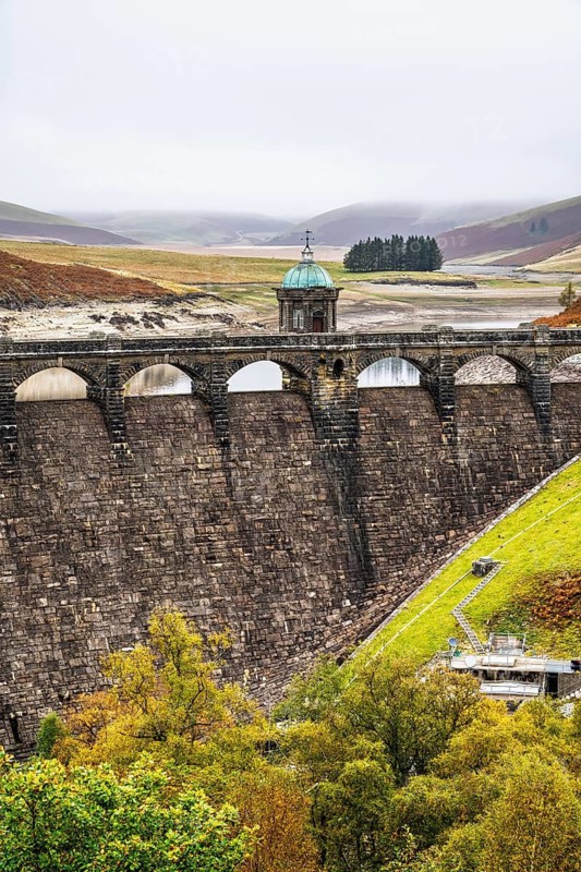 Autumn colors over Craig Goch Dam, Elan Valley Reservoirs, Elan Valley, Rhayader, Powys, Wales, UK