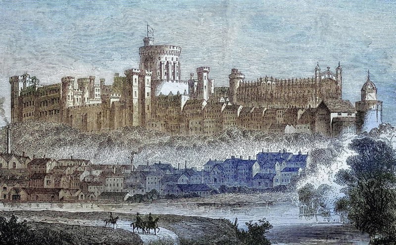 Windsor Castle in 1880, England, coloured wood engraving, reproduction of an original from ca 1888, historical, medieval castle in an impressive landscape in blue tones