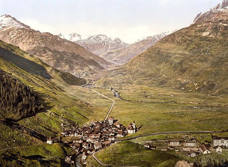 Urseren, also Ursern, is the valley of the upper Reuss in Uri, Switzerland, running southwest to northeast, from Realp to Hospental and Andermatt, Historic, digitally restored reproduction from a 19th century original, Record date not stated, also Ursern is the valley of the upper Reuss in Uri, Switzerland, running southwest to northeast, from Realp to Hospental and Andermatt, Historic, digitally restored reproduction from a 19th century original, Record date not stated