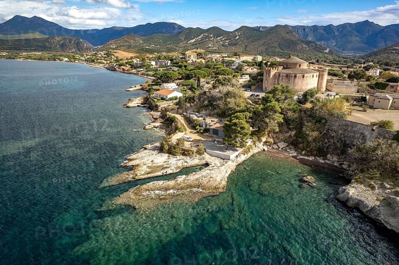 Old town and citadel of Saint-Florent seen from above, Corsica, France