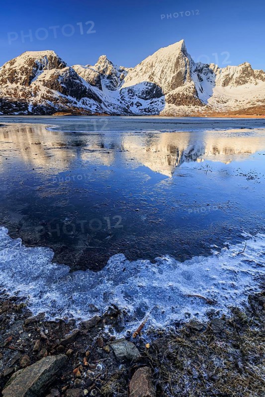 Sunrise, morning light, steep mountains and fjord, ice, winter, Flakstadoya, Lofoten, Norway