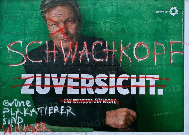 Denigration of a large poster for the 2025 federal election by the Greens with Robert Habeck, Witten, Ruhr area, Germany