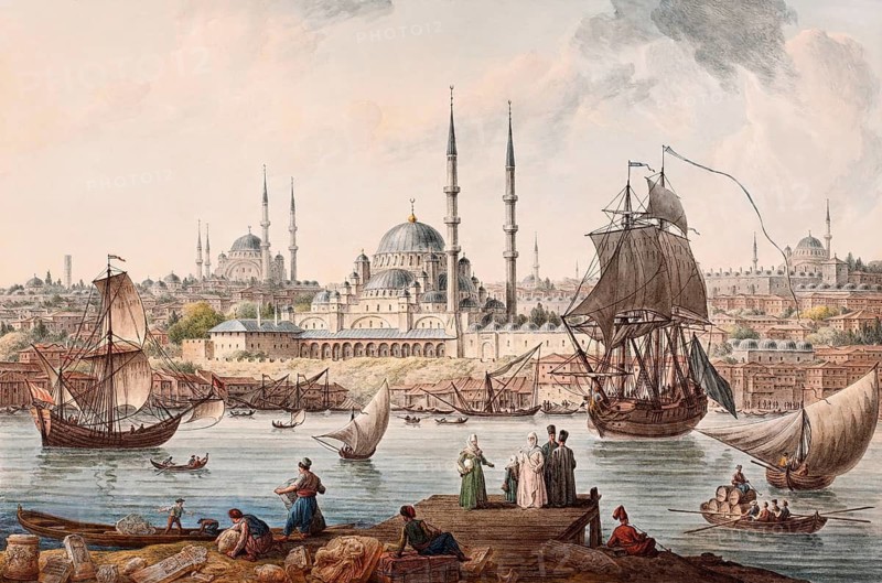 Cityscape of Istanbul, Turkey, digitally edited according to a painting by Jean-Baptiste Hilair, late 18th century