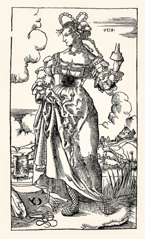 Young woman, series of foolish virgins, 1518, by Niklaus Manuel Deutsch, facsimile of the 19th century