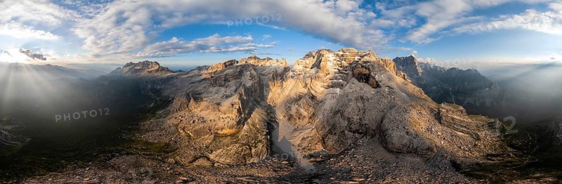 360 degree alpine panorama, aerial view, impressive mountain peaks of the Brenta Mountains, Brenta, Brenta-Adamello Natural Park, Trentino, Italy