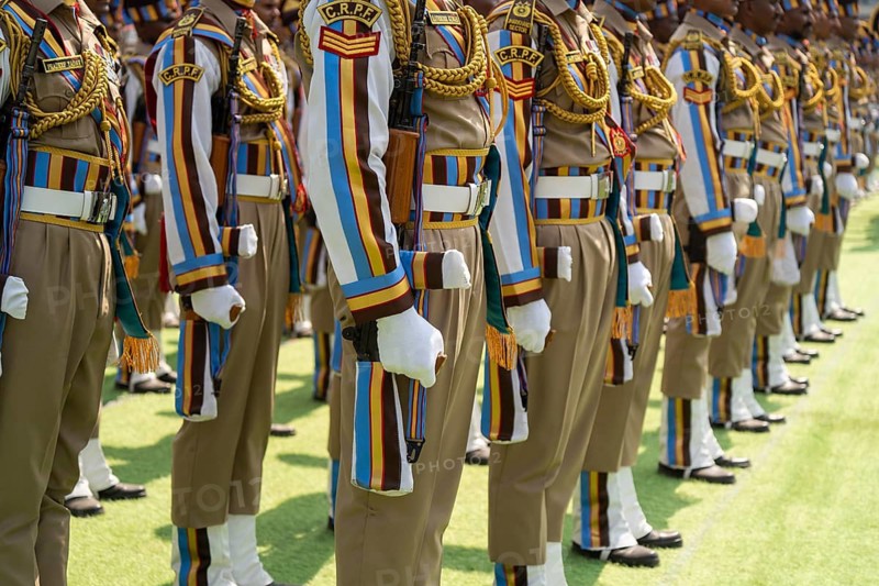 Central Reserve Police Force (CRPF) personnel wearing ceremonial headgear stand in formation during a parade held as part of the 87th Raising Day celebrations, on February 19, 2026 in Guwahati, India