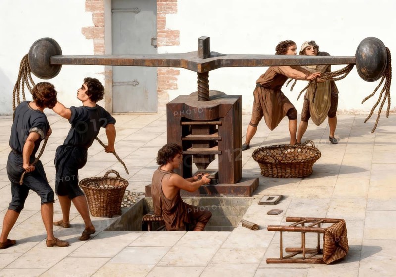 Historical press, 18th century, ball-drive screw press for coin production
